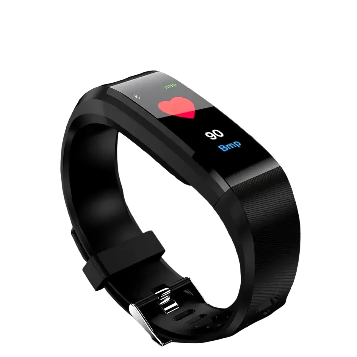 Black bluetooth fitness tracker smart watch with sleek curved design and digital display showing heart rate data