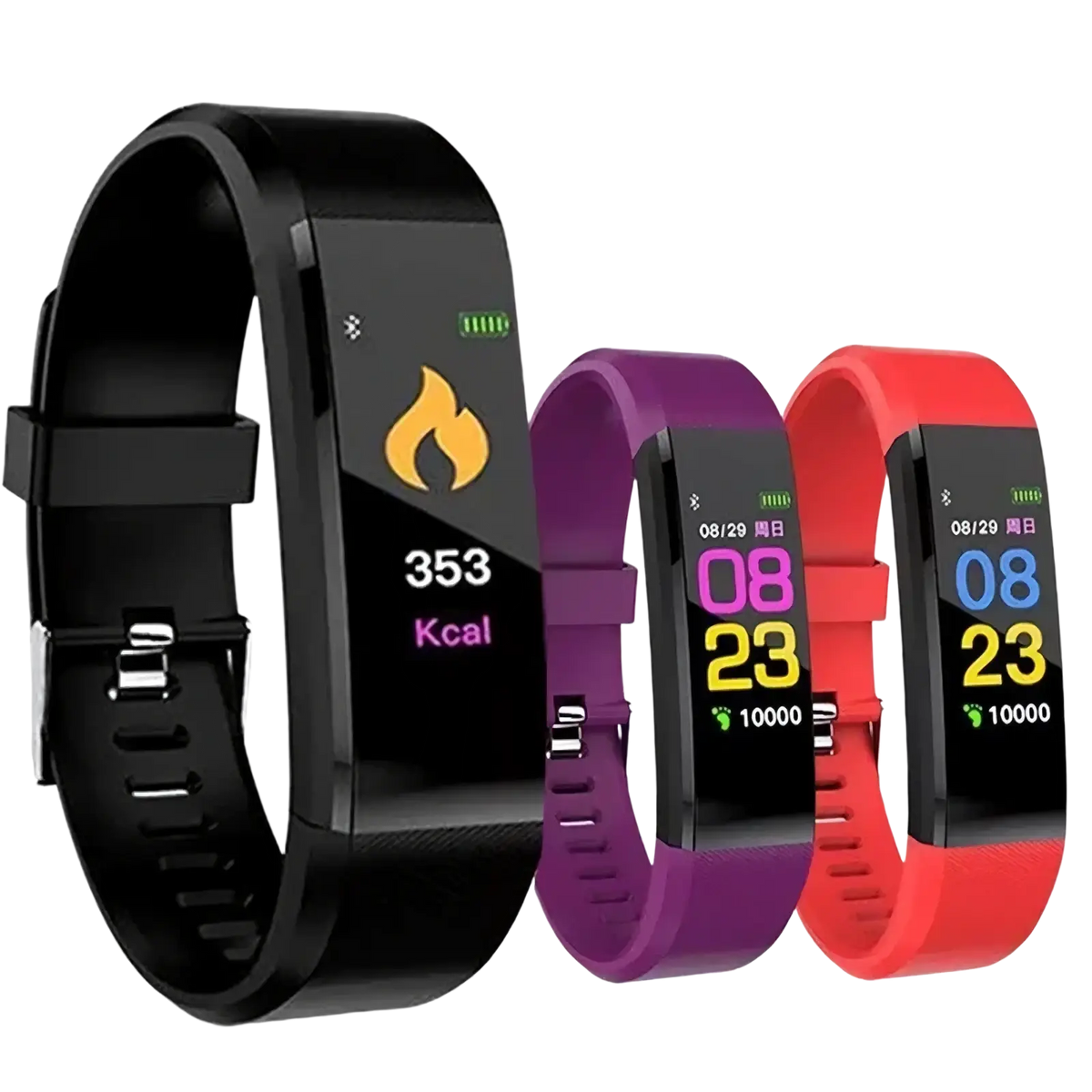 Black purple and red silicone Bluetooth fitness tracker smart watches with rectangular digital displays showing workout metrics