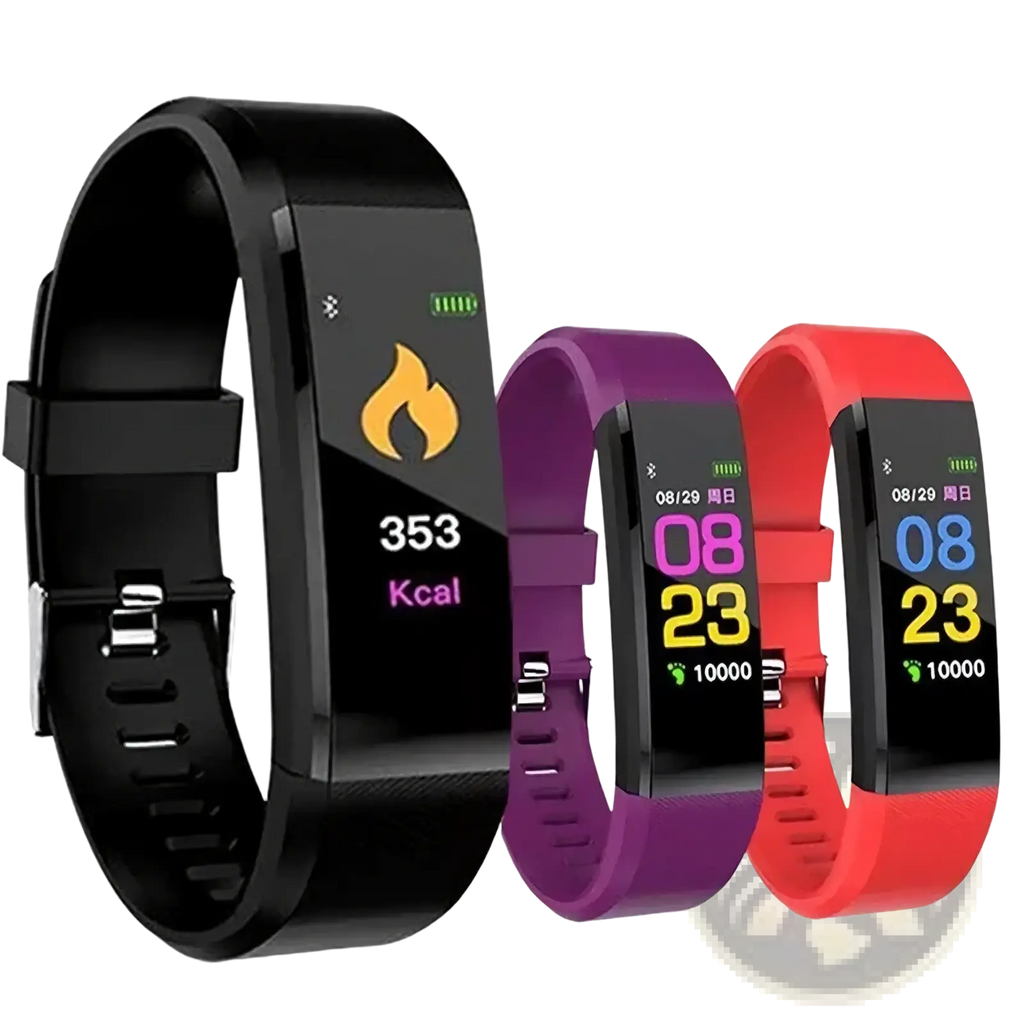 Black purple and red silicone Bluetooth fitness tracker smart watches with rectangular digital displays showing workout metrics