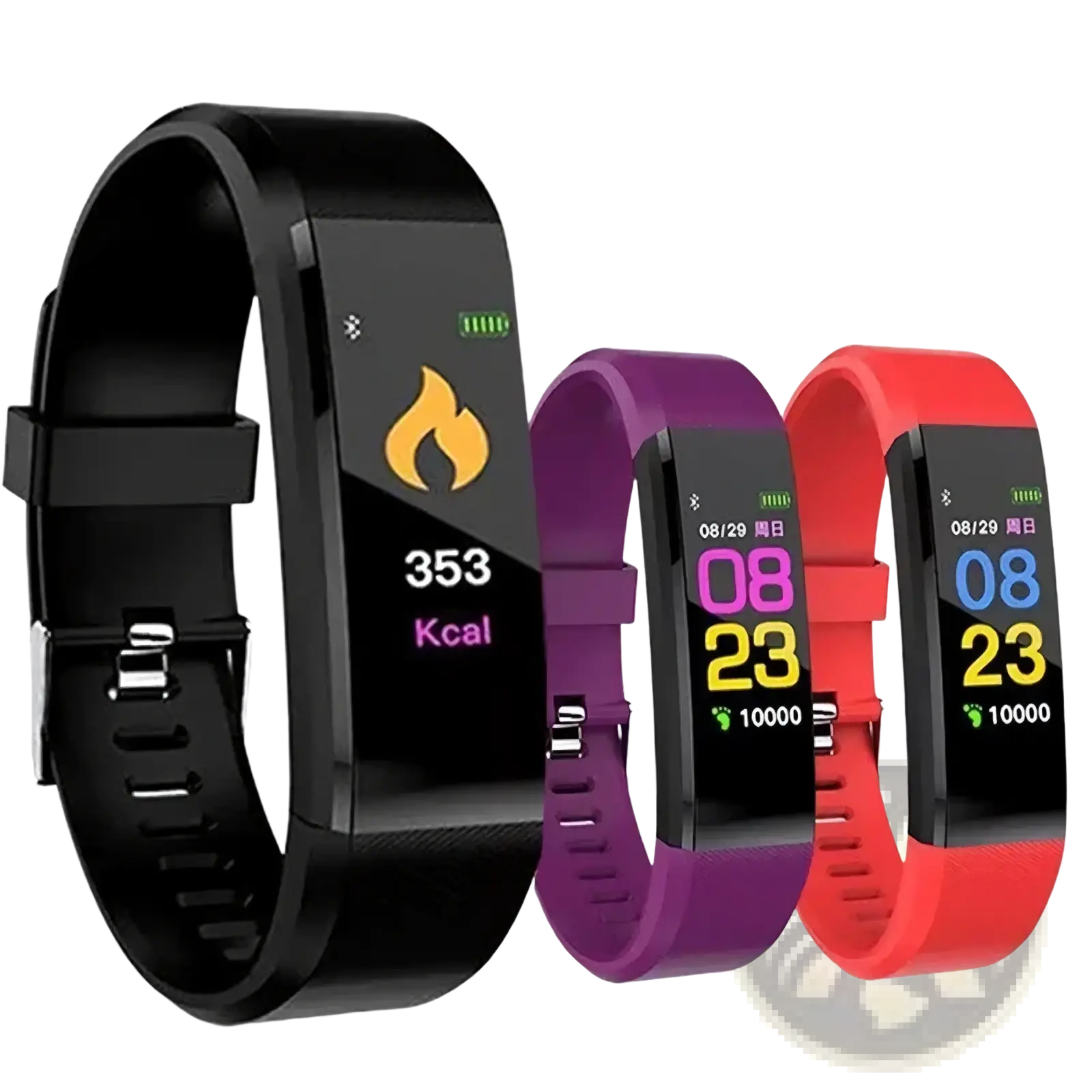 Black purple and red silicone Bluetooth fitness tracker smart watches with rectangular digital displays showing workout metrics