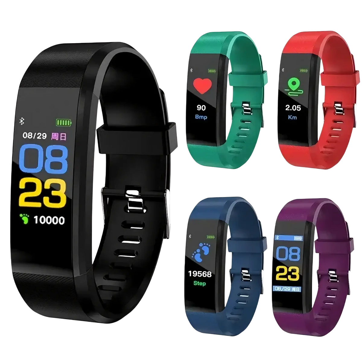 Black silicone Bluetooth fitness tracker smart watch with rectangular digital display showing time date and step count
