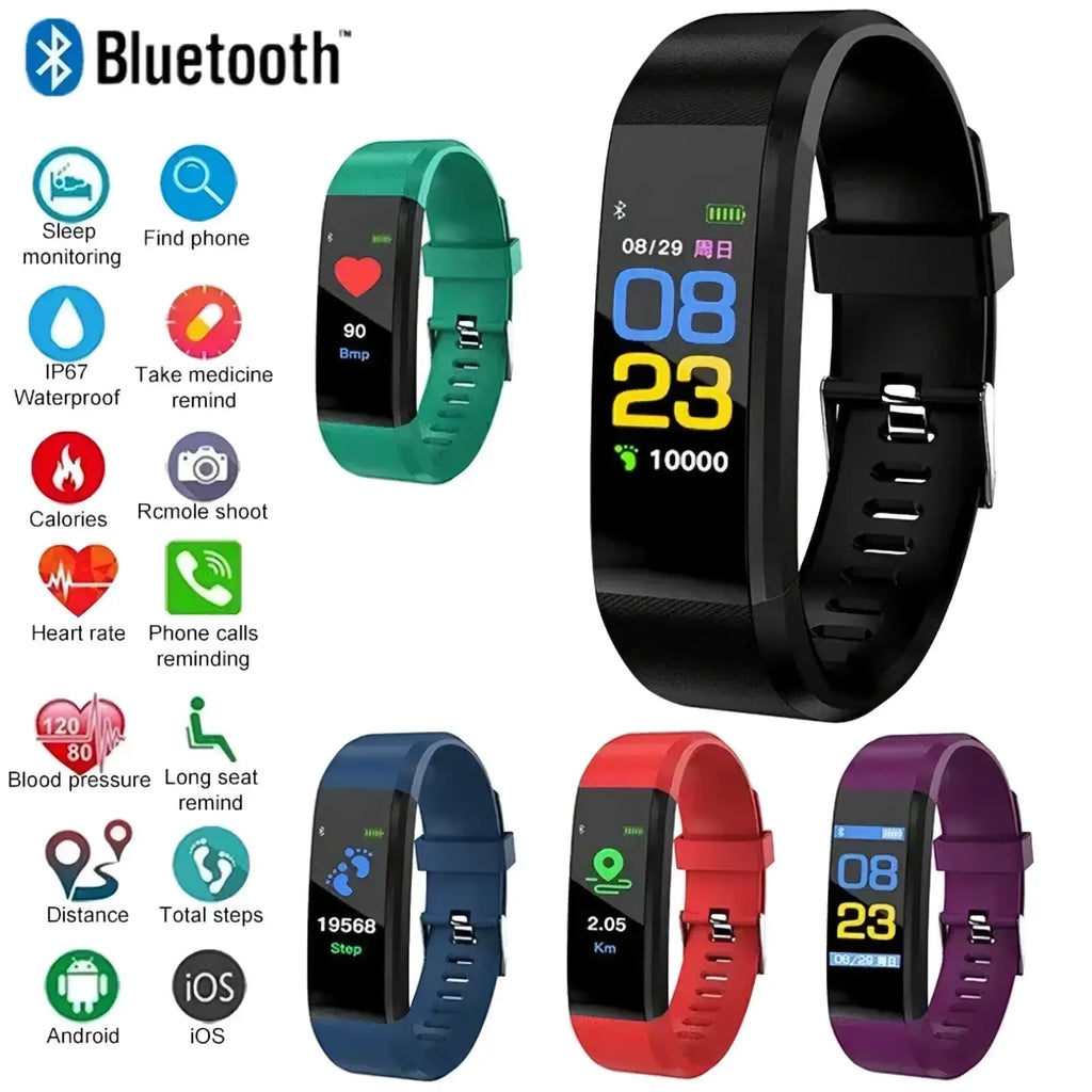 Black silicone band bluetooth fitness tracker smart watch with rectangular digital display showing time date step count
