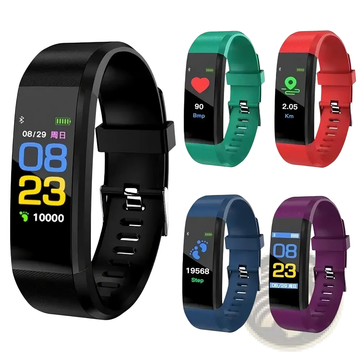 Black silicone Bluetooth fitness tracker smart watch with rectangular digital display showing time date and step count