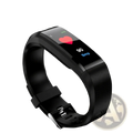 Black bluetooth fitness tracker smart watch with sleek curved design and digital display showing heart rate data