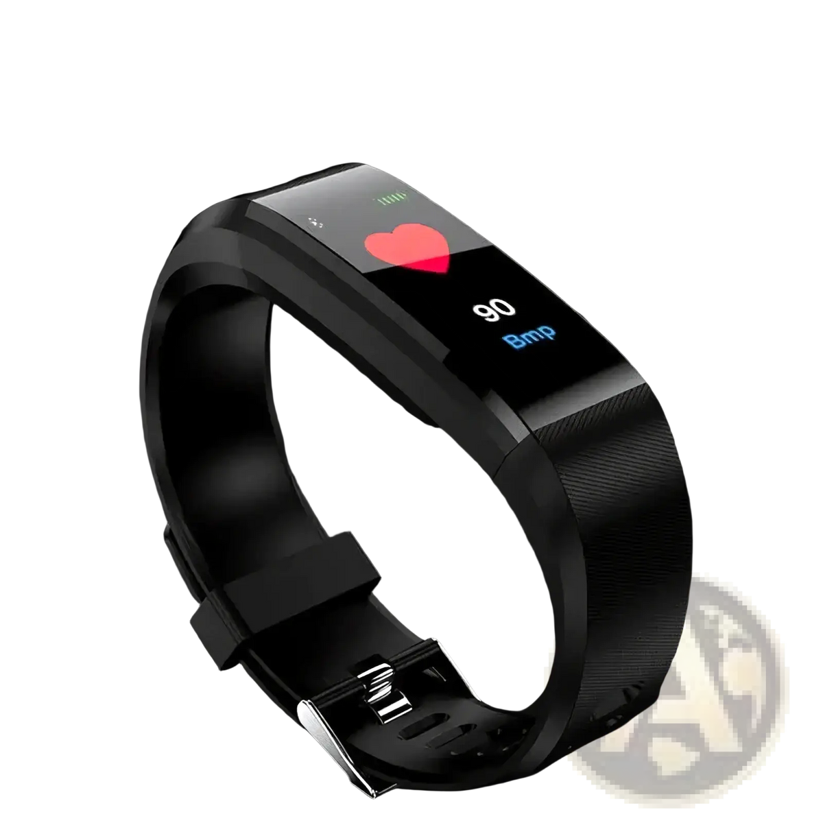 Black bluetooth fitness tracker smart watch with sleek curved design and digital display showing heart rate data