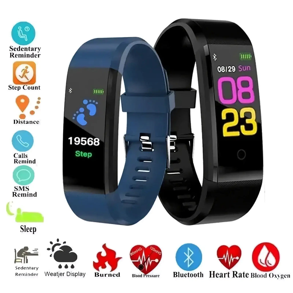 Bluetooth fitness tracker smart watch with blue and black bands displaying step count time and health metrics