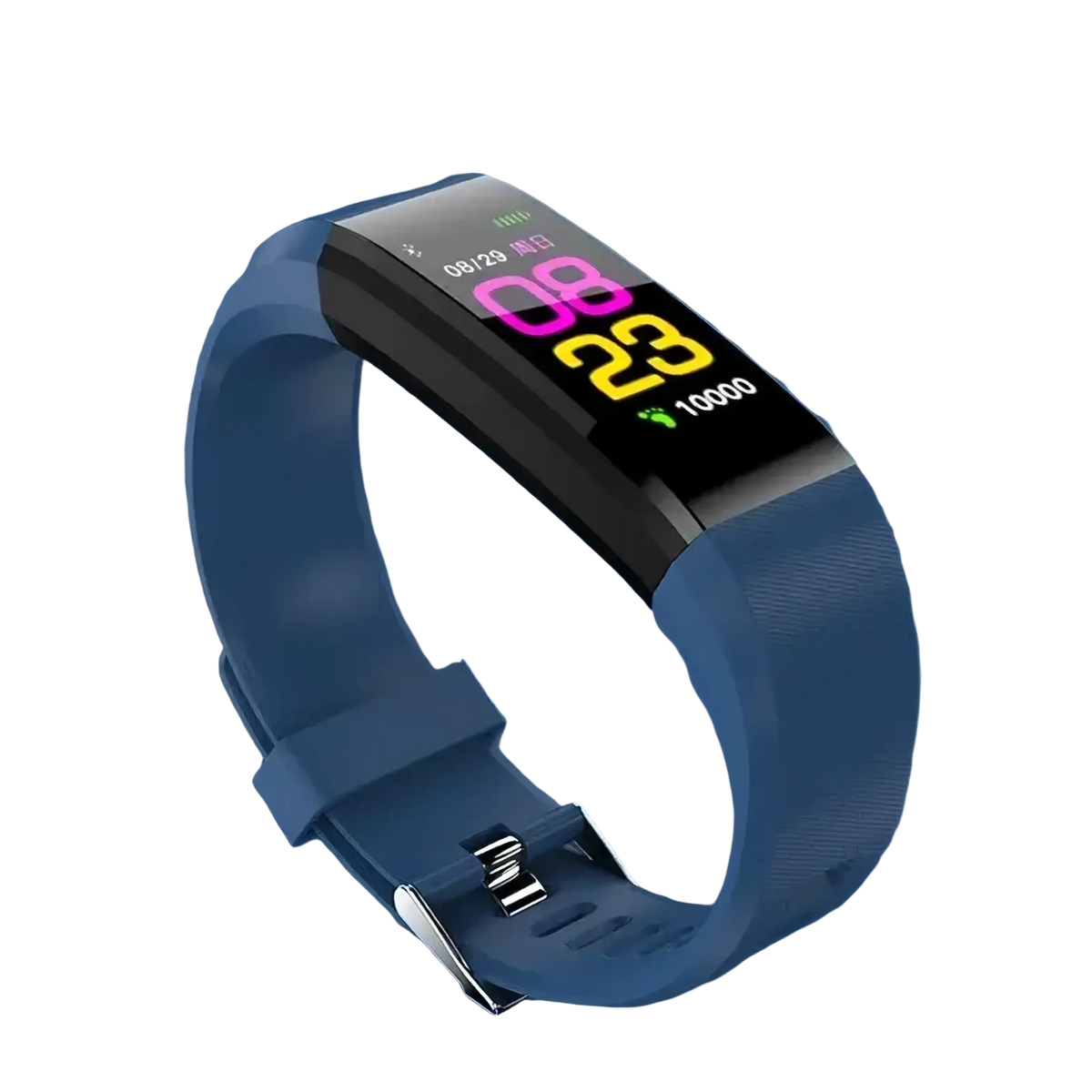 Bluetooth fitness tracker smart watch with blue silicone band and black digital display showing colorful time and steps