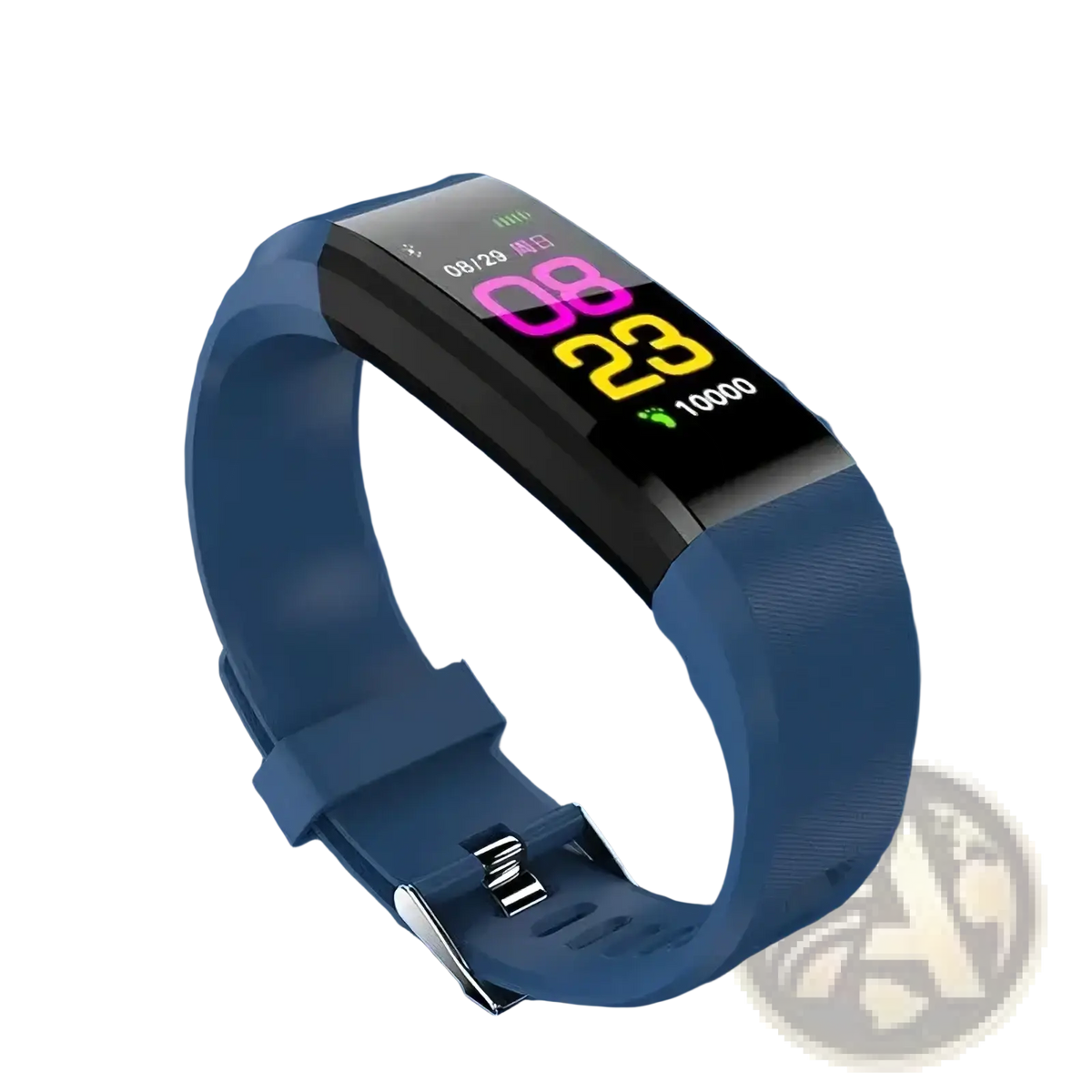Bluetooth fitness tracker smart watch with blue silicone band and black digital display showing colorful time and steps