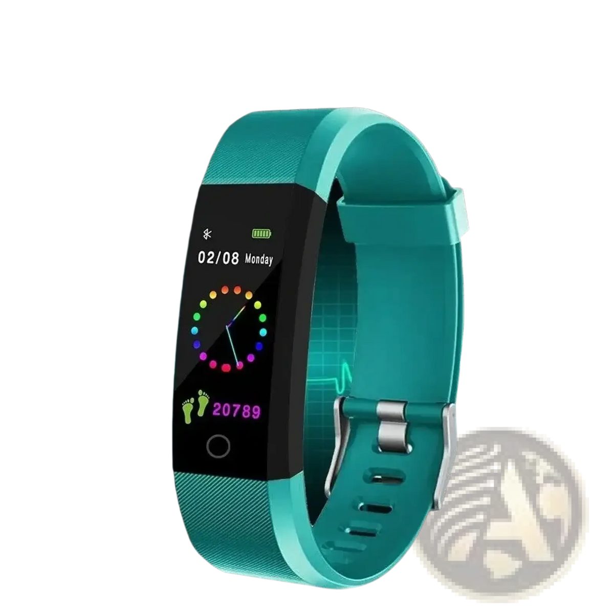 Teal silicone Bluetooth fitness tracker smart watch with a black screen displaying colorful health metrics and steps