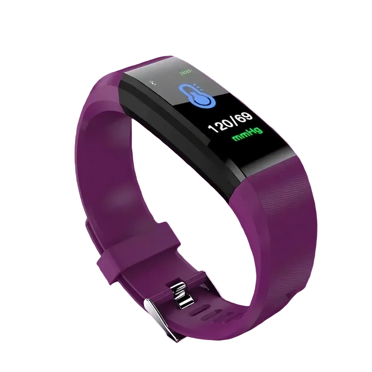 Purple silicone Bluetooth fitness tracker smart watch with black digital display showing blood pressure readings