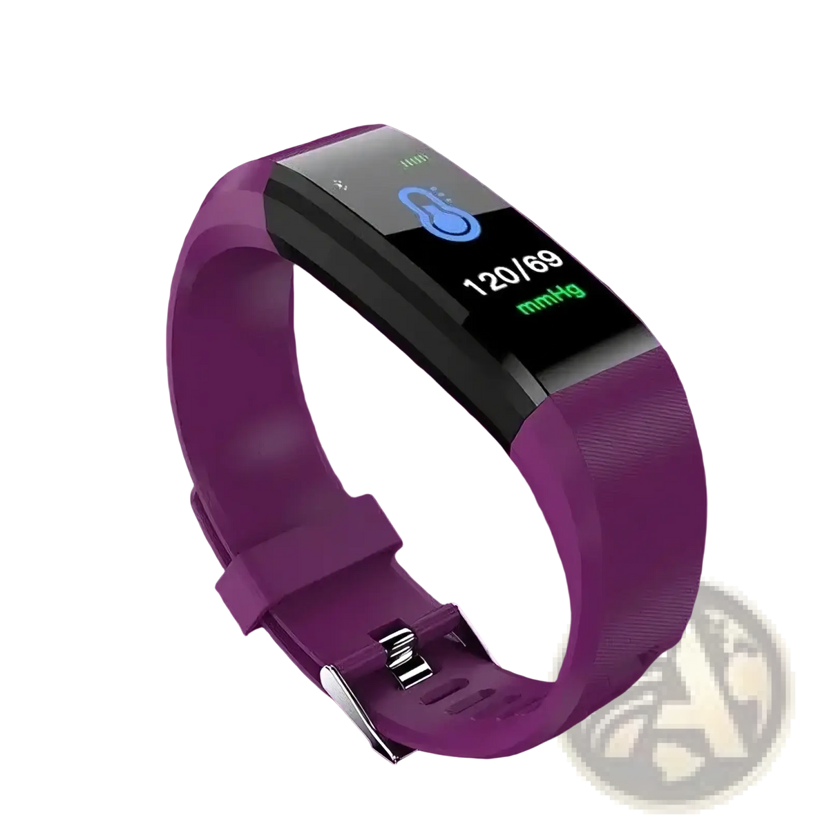 Purple silicone Bluetooth fitness tracker smart watch with black digital display showing blood pressure readings