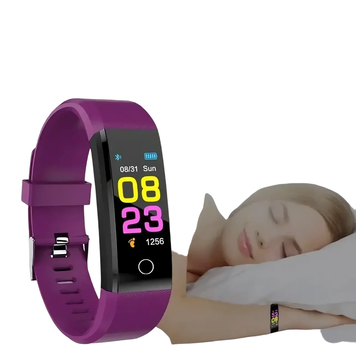 Purple silicone bluetooth fitness tracker smart watch with rectangular digital display showing time and sleep metrics