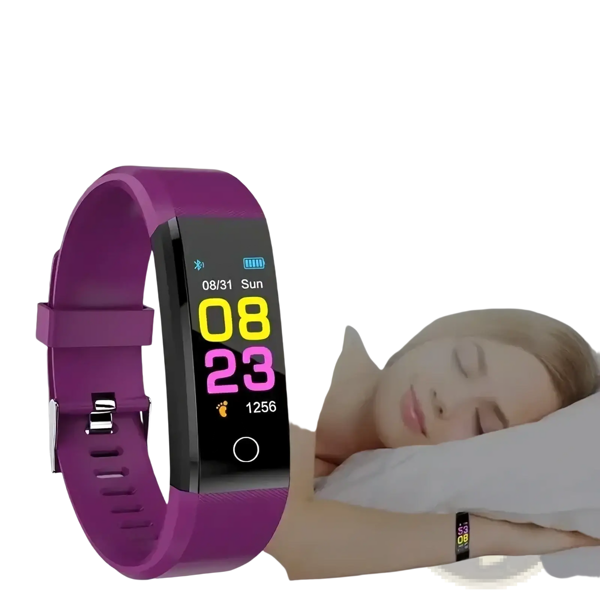Purple silicone bluetooth fitness tracker smart watch with rectangular digital display showing time and sleep metrics
