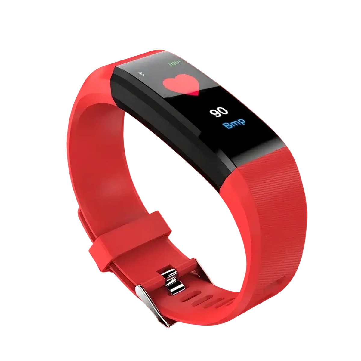 Red silicone bluetooth fitness tracker smart watch with black digital display showing heart rate and bpm