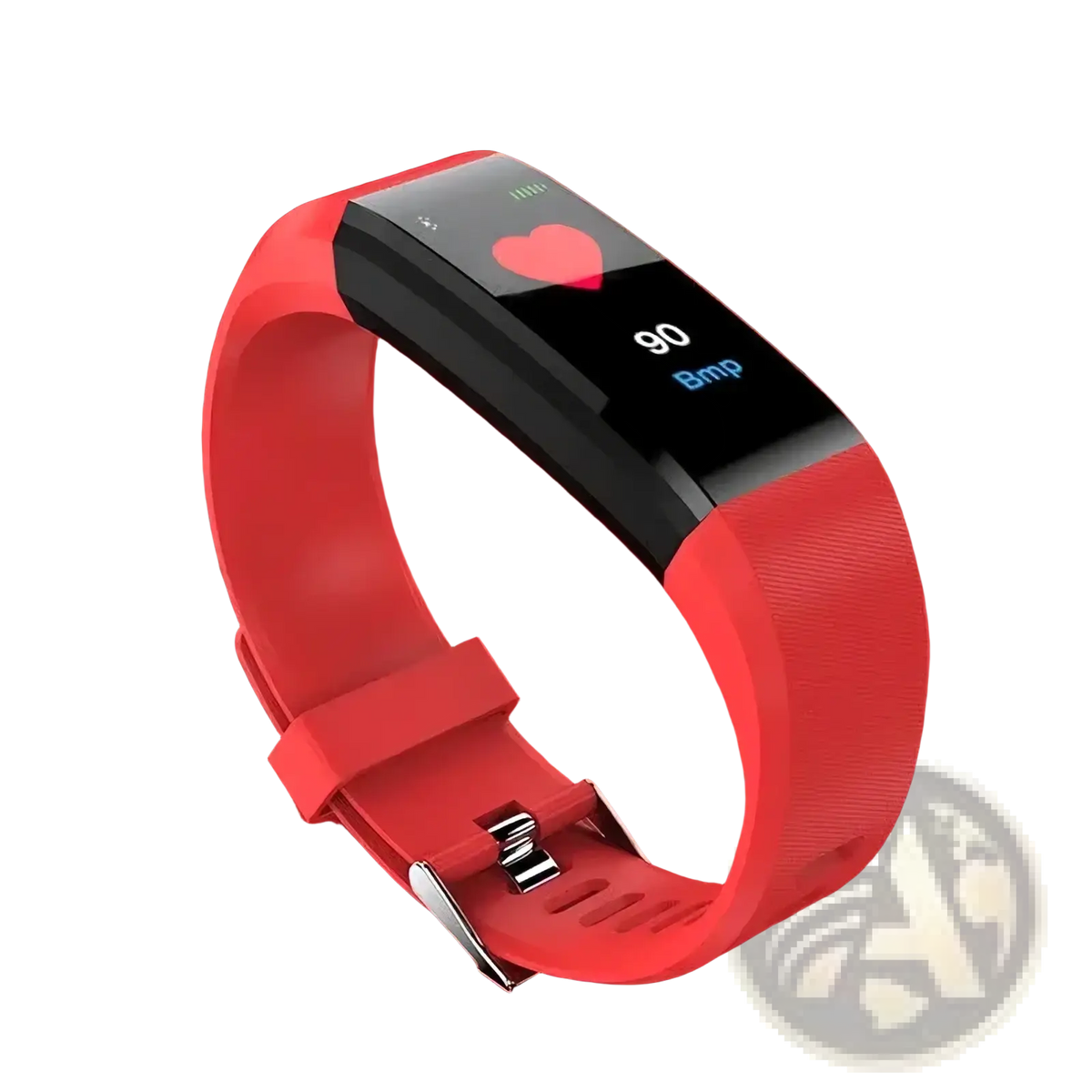 Red silicone bluetooth fitness tracker smart watch with black digital display showing heart rate and bpm