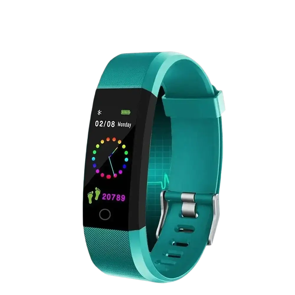 Teal silicone Bluetooth fitness tracker smart watch with a black screen displaying colorful health metrics and steps