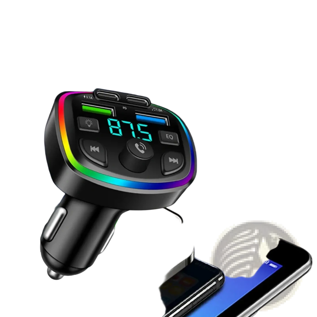 Black Bluetooth fm transmitter car charger with dual USB and PD ports digital display and RGB lighting edges