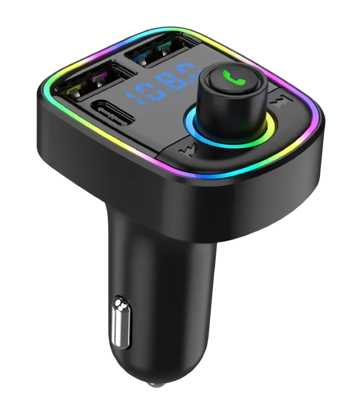 Black bluetooth fm transmitter car charger with dual usb ports and rainbow led rgb lighting around edges