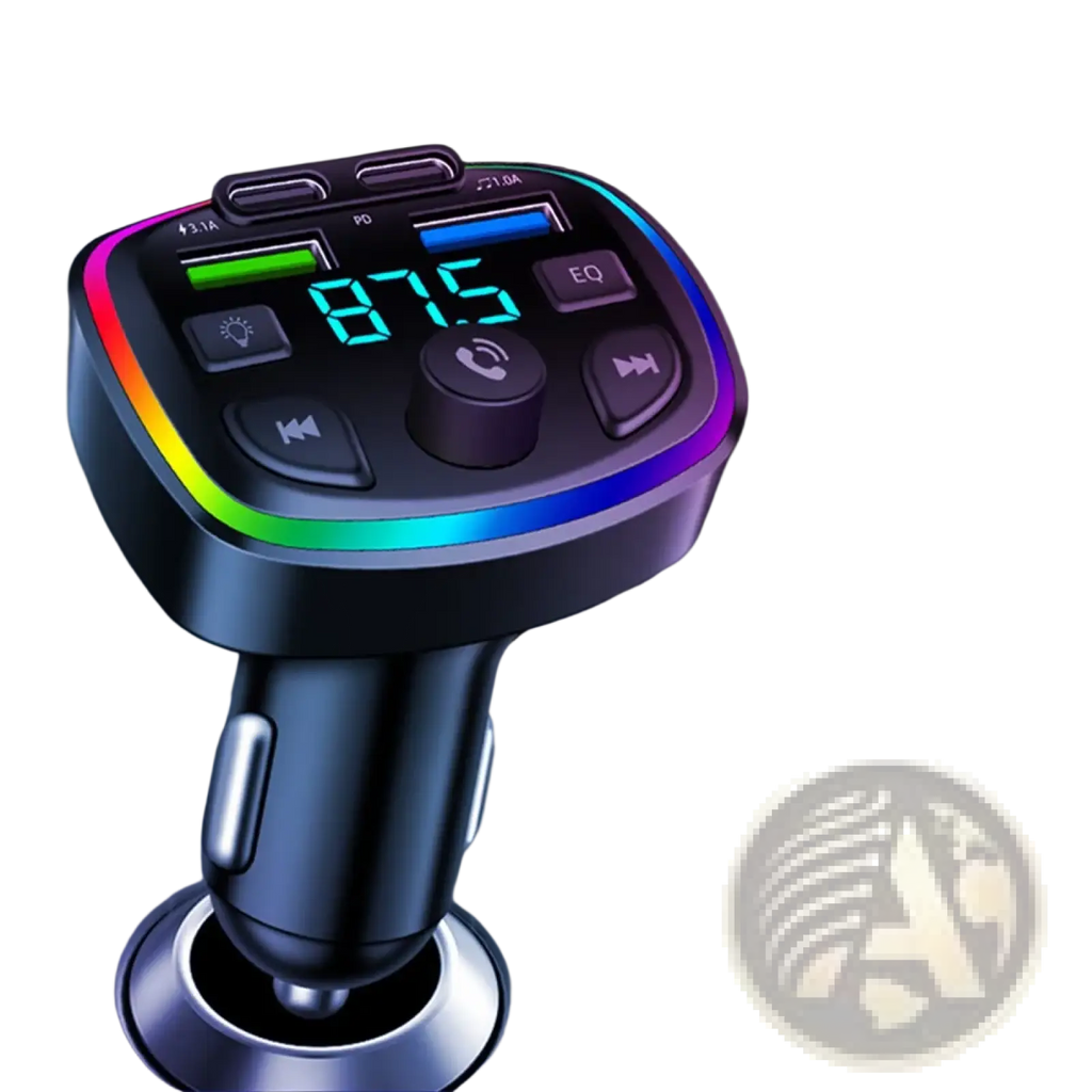 Black elough bluetooth fm transmitter car charger with dual usb and pd ports rgb lighting and digital display reading 875