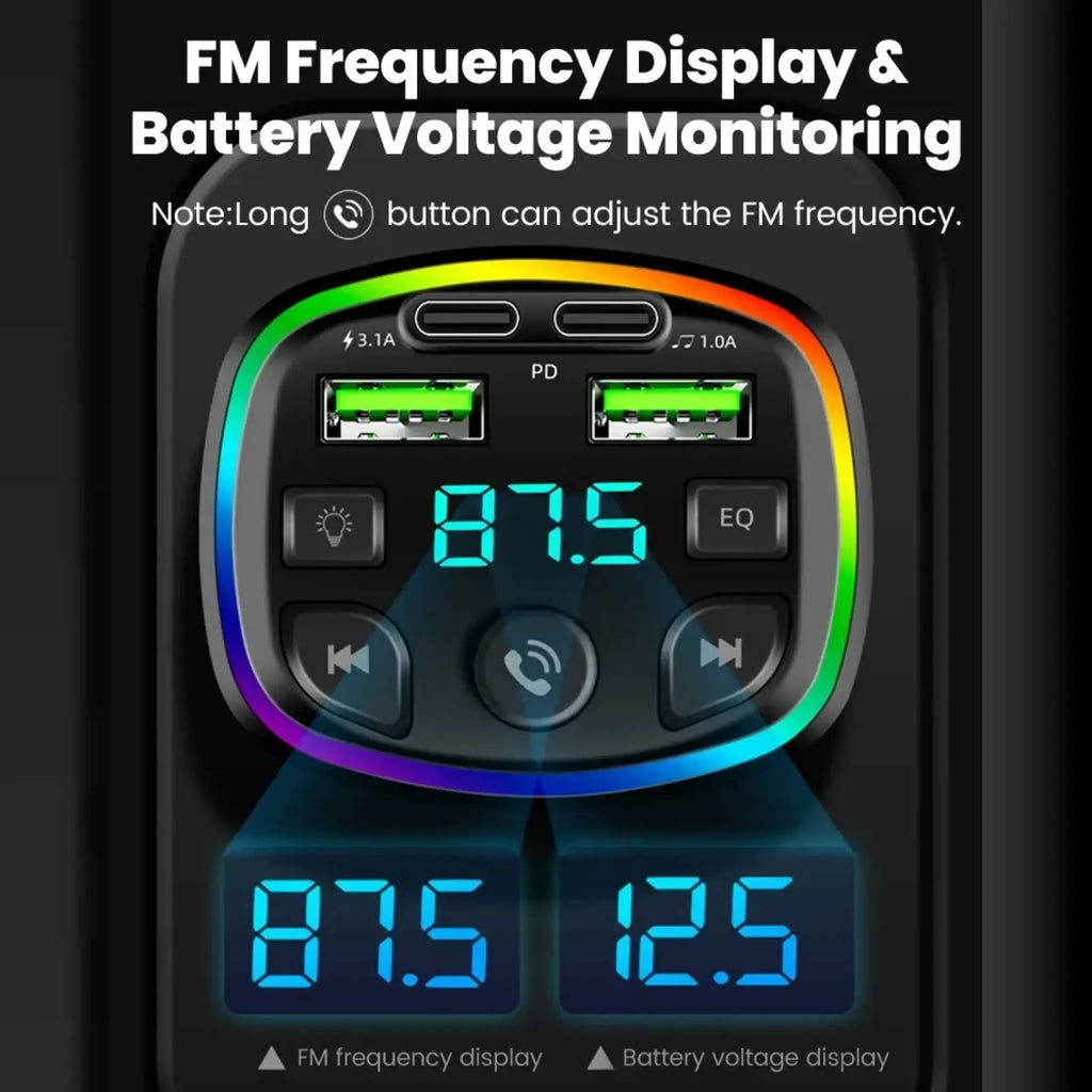 Black bluetooth fm transmitter car charger with dual usb ports rgb lighting and fm frequency display