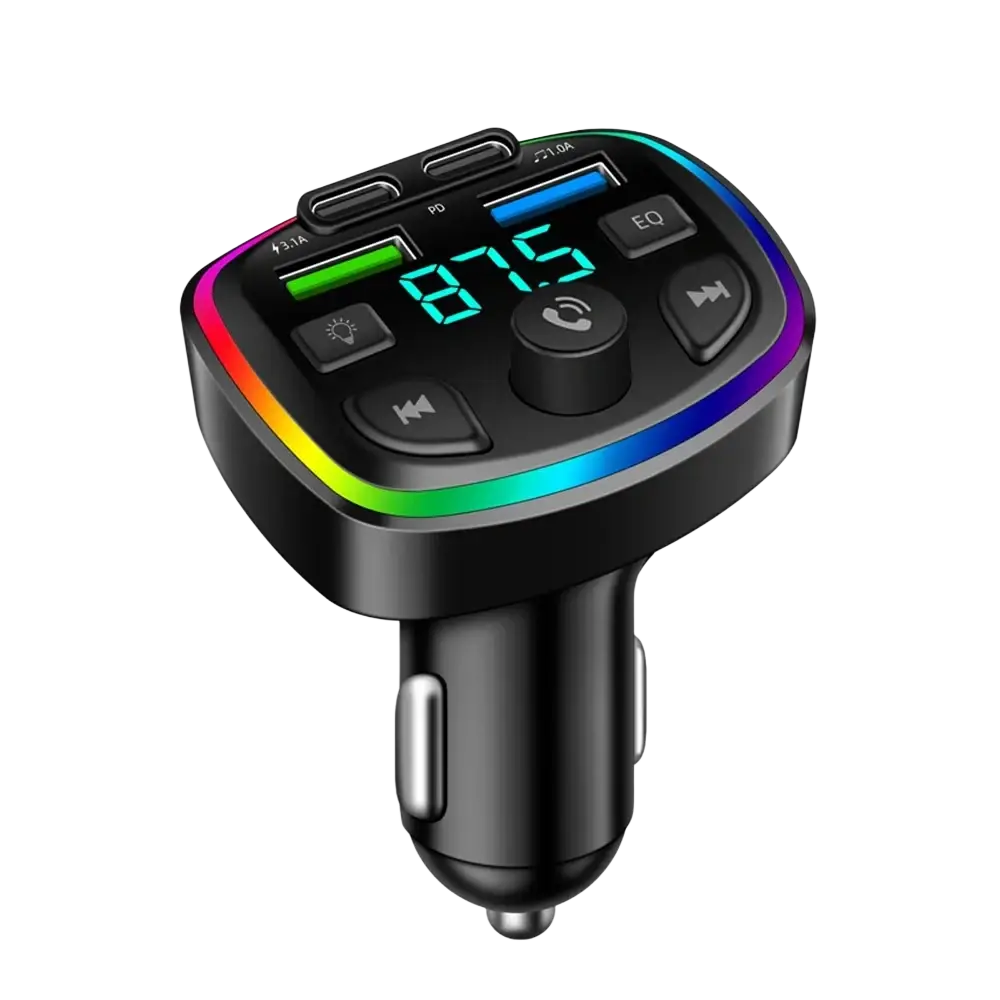 Black bluetooth fm transmitter car charger with dual usb ports rgb led lighting and digital display showing 87.5