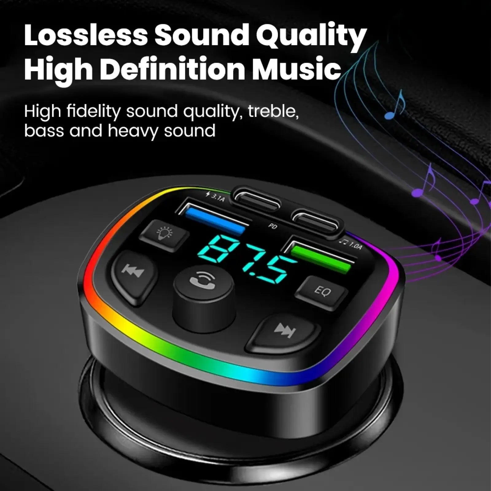 Black bluetooth fm transmitter car charger with dual usb, rainbow led edges, and digital display showing 87.5 frequency