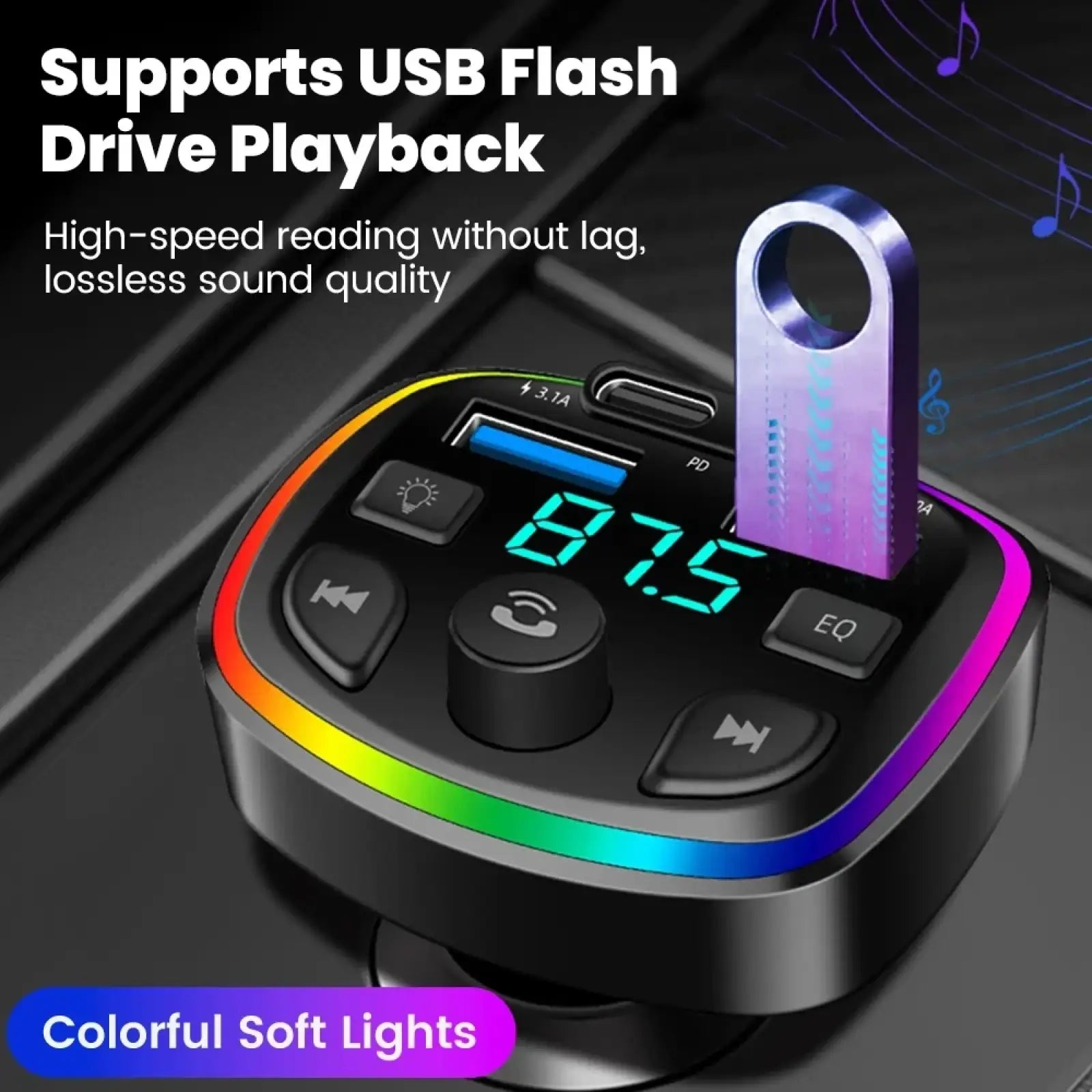 Black bluetooth fm transmitter car charger with dual usb ports and rainbow led lights for wireless audio playback