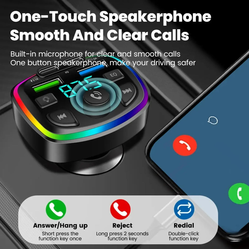 Black Bluetooth FM transmitter car charger with dual USB ports and colorful LED ring speakerphone displaying 815