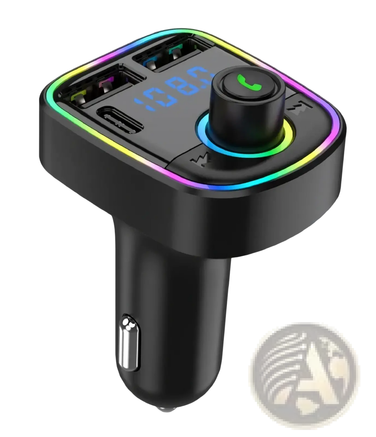 Black bluetooth fm transmitter car charger with dual usb ports and rainbow led rgb lighting around edges