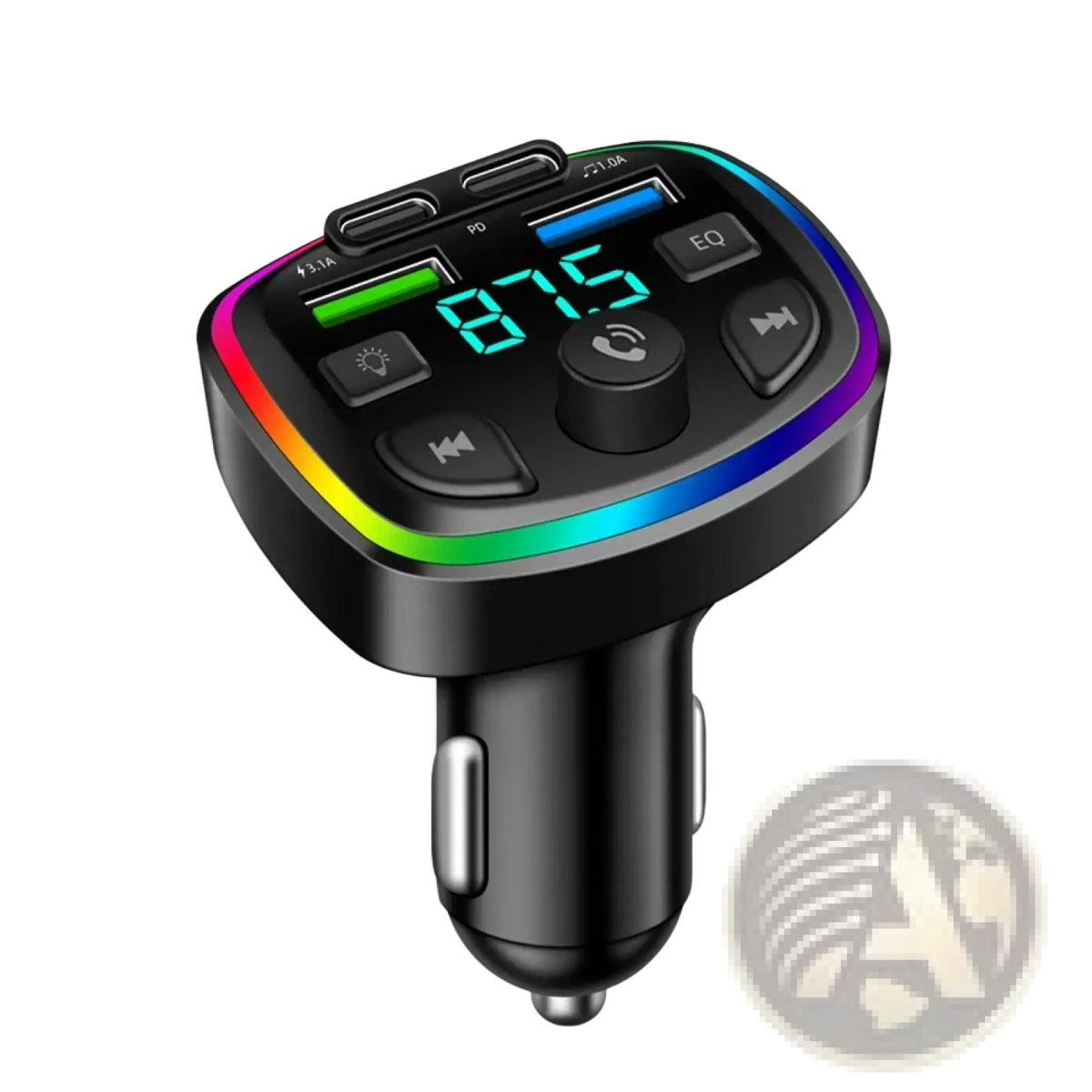 Black bluetooth fm transmitter car charger with dual usb ports rgb led lighting and digital display showing 87.5
