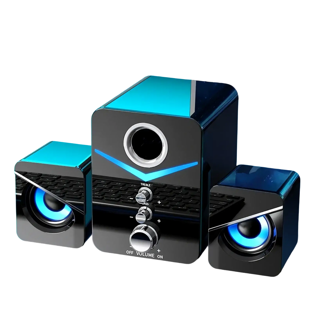 Black and blue bluetooth gaming speaker system with led subwoofer and glowing led accents for immersive audio experience