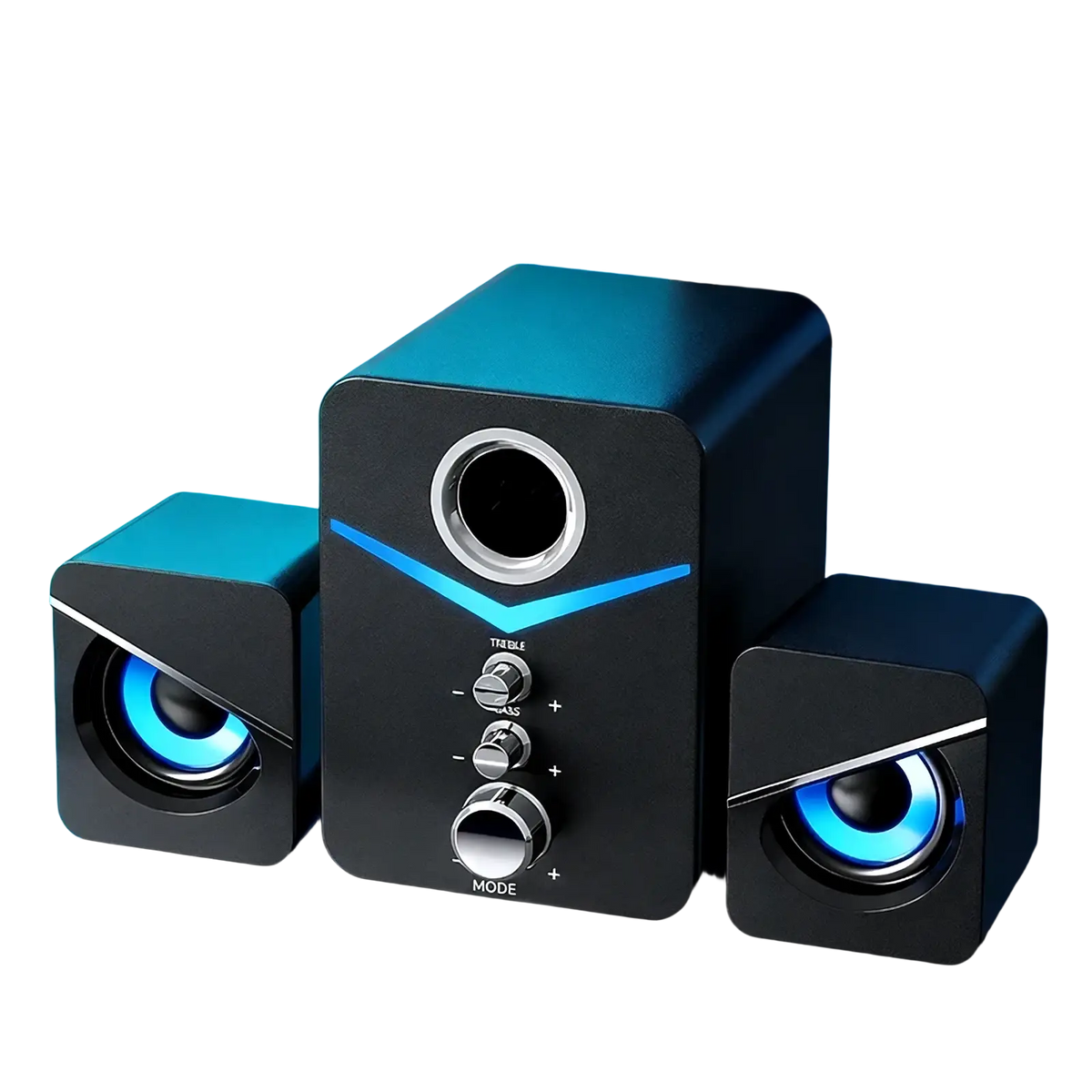 Black bluetooth gaming speaker system with led subwoofer blue led lighting and silver accents for immersive sound