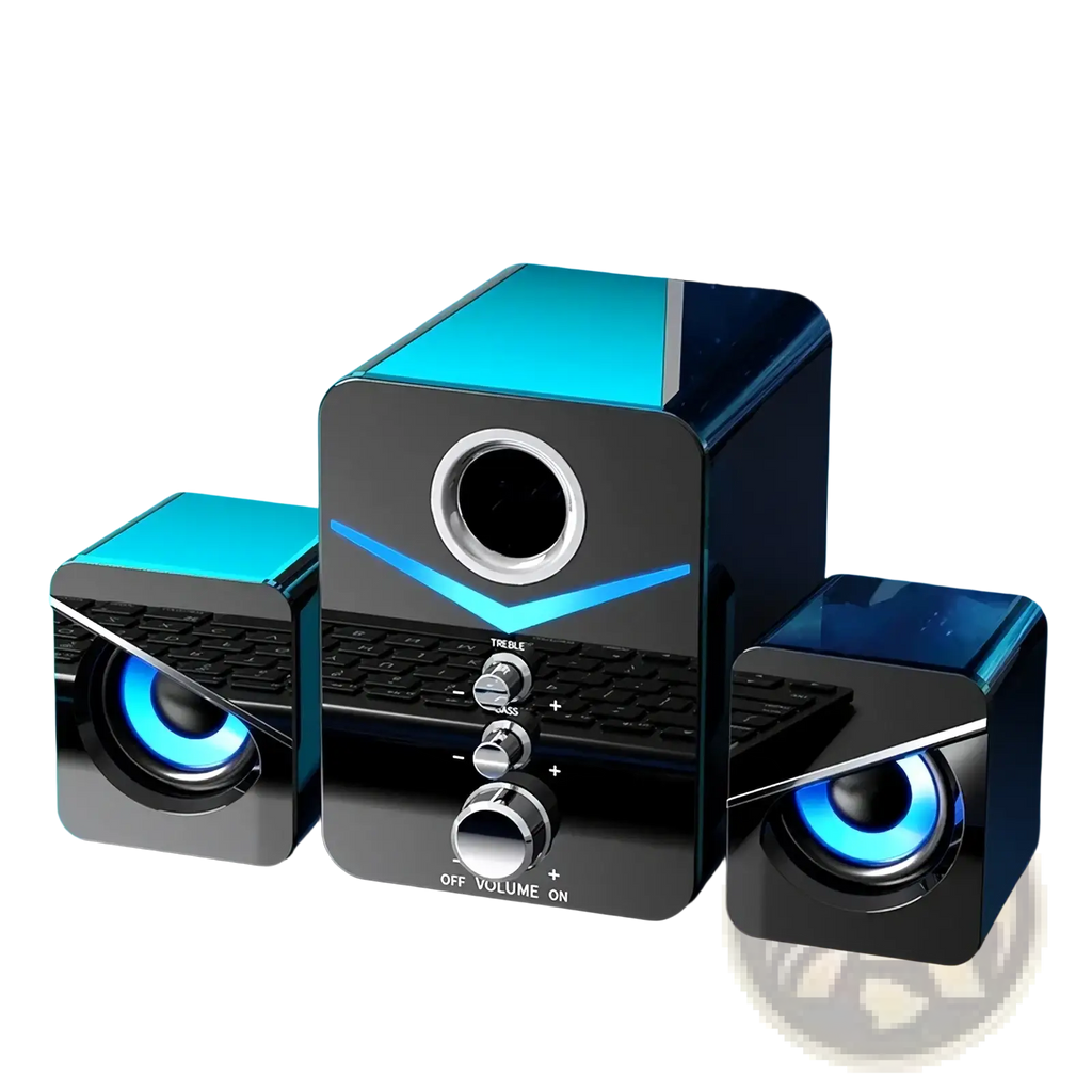 Black and blue bluetooth gaming speaker system with led subwoofer and glowing led accents for immersive audio experience