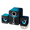 Black bluetooth gaming speaker system with led subwoofer blue led lighting and silver accents for immersive sound