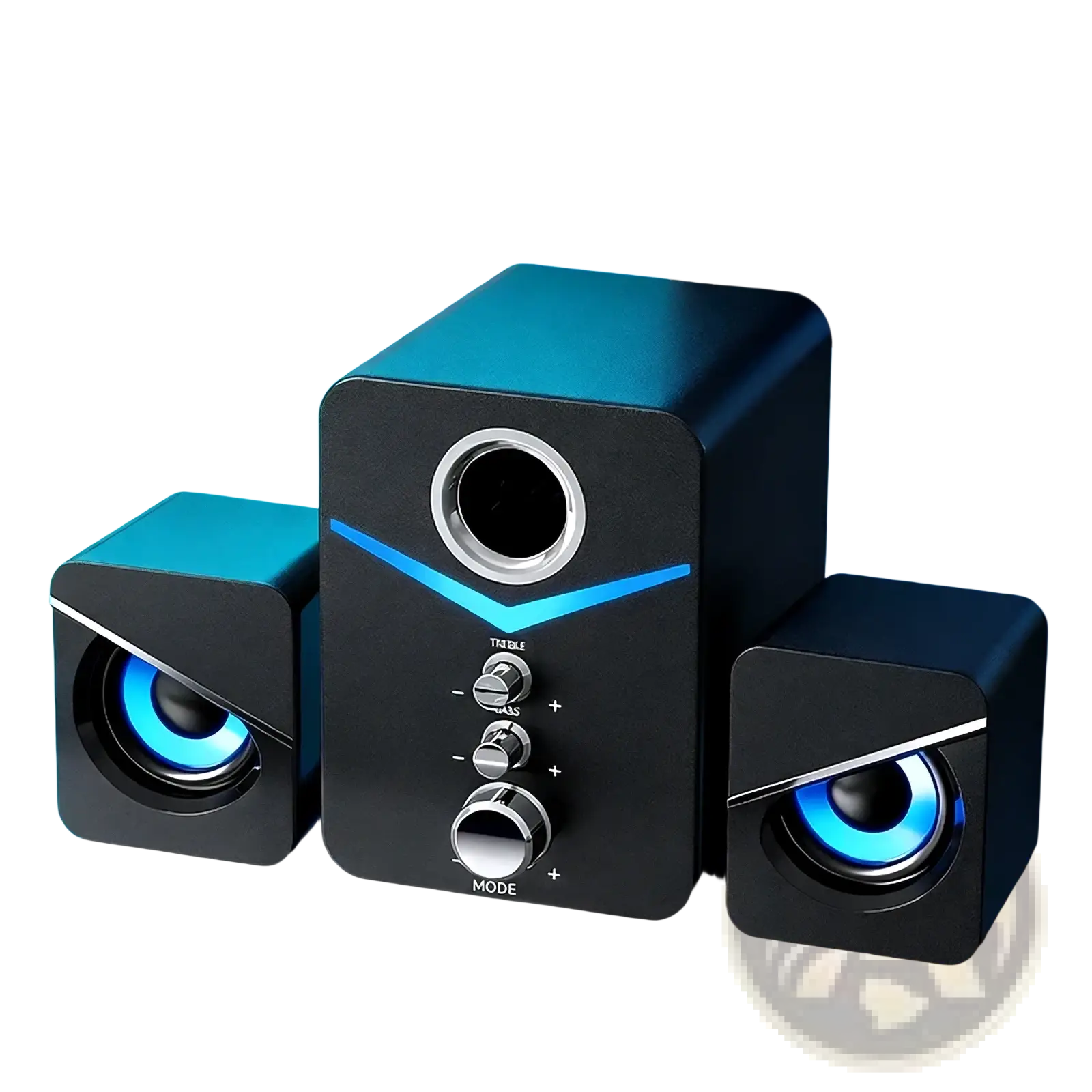 Black bluetooth gaming speaker system with led subwoofer blue led lighting and silver accents for immersive sound