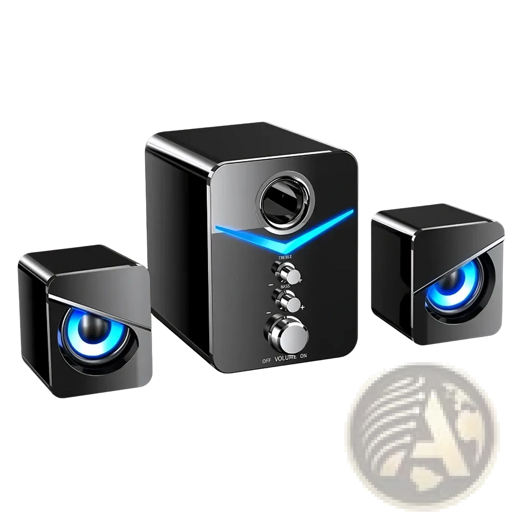 Black cube-shaped bluetooth gaming speaker system with blue led lighting and silver control knobs subwoofer