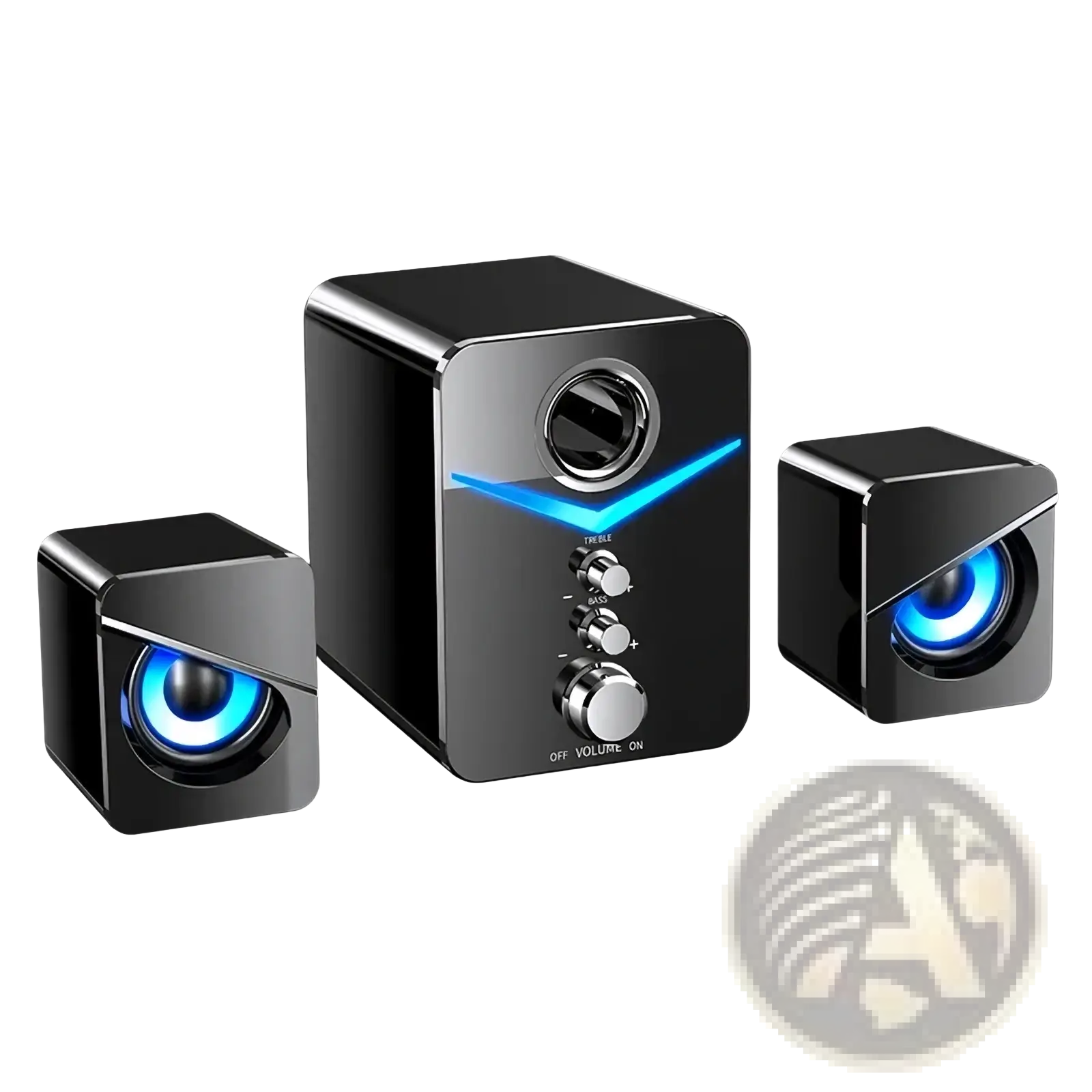Black cube-shaped bluetooth gaming speaker system with blue led lighting and silver control knobs subwoofer