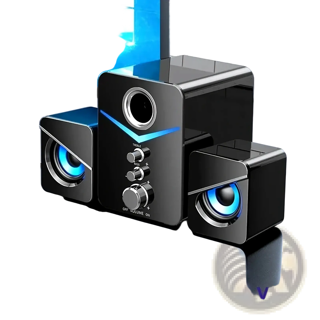 Black cube-shaped bluetooth gaming speaker system with led subwoofer blue led lights and control knobs