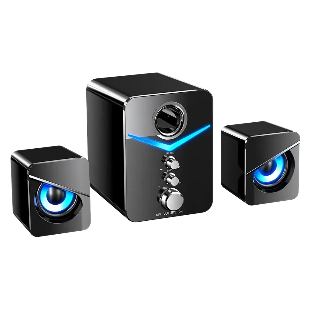 Black cube-shaped bluetooth gaming speaker system with blue led lighting and silver control knobs subwoofer