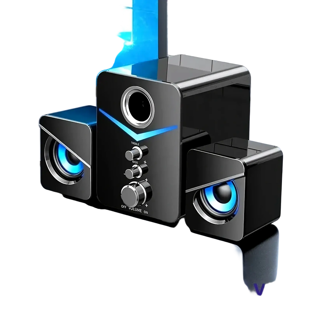 Black cube-shaped bluetooth gaming speaker system with led subwoofer blue led lights and control knobs