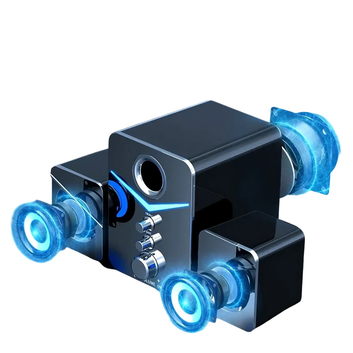 Black rectangular bluetooth gaming speaker system with glowing blue LED drivers and silver control knobs subwoofer design