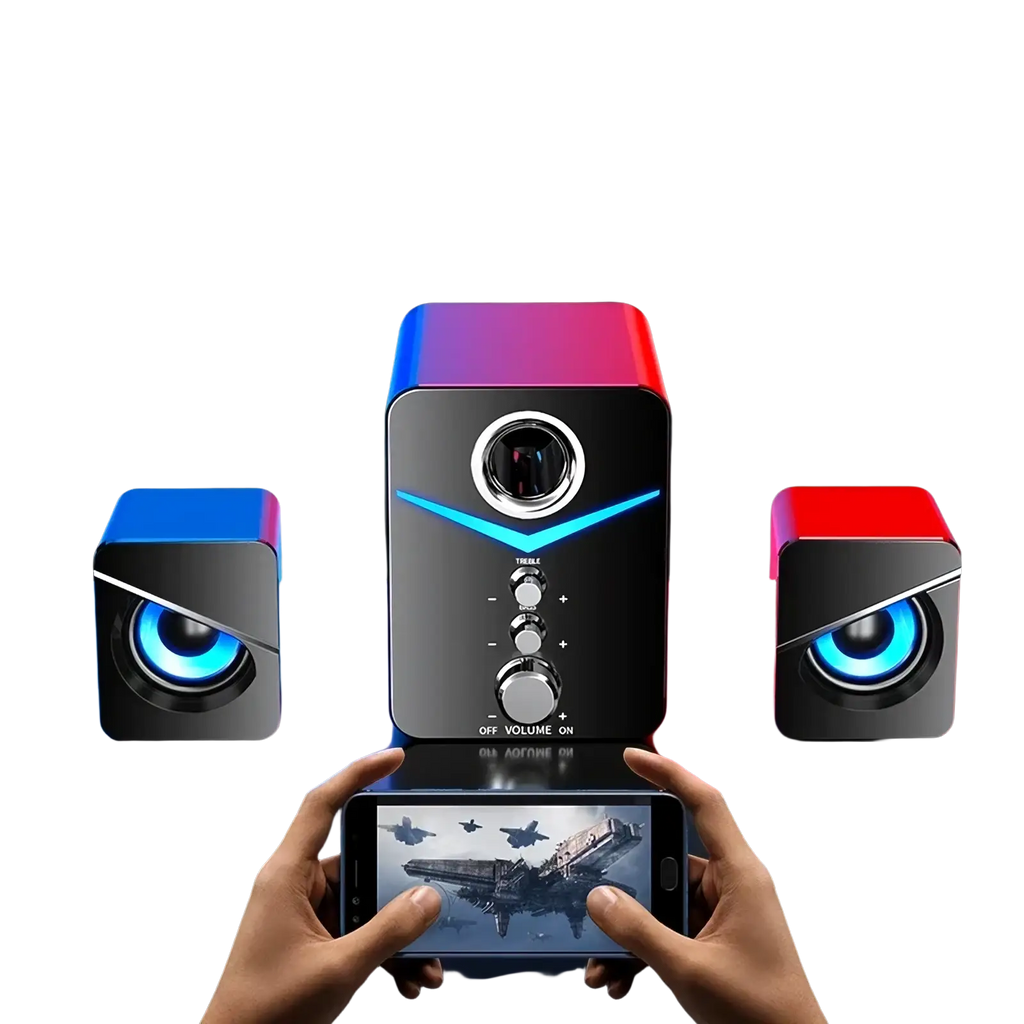 Black and red bluetooth gaming speaker system with led subwoofer and blue led lighting for immersive audio experience