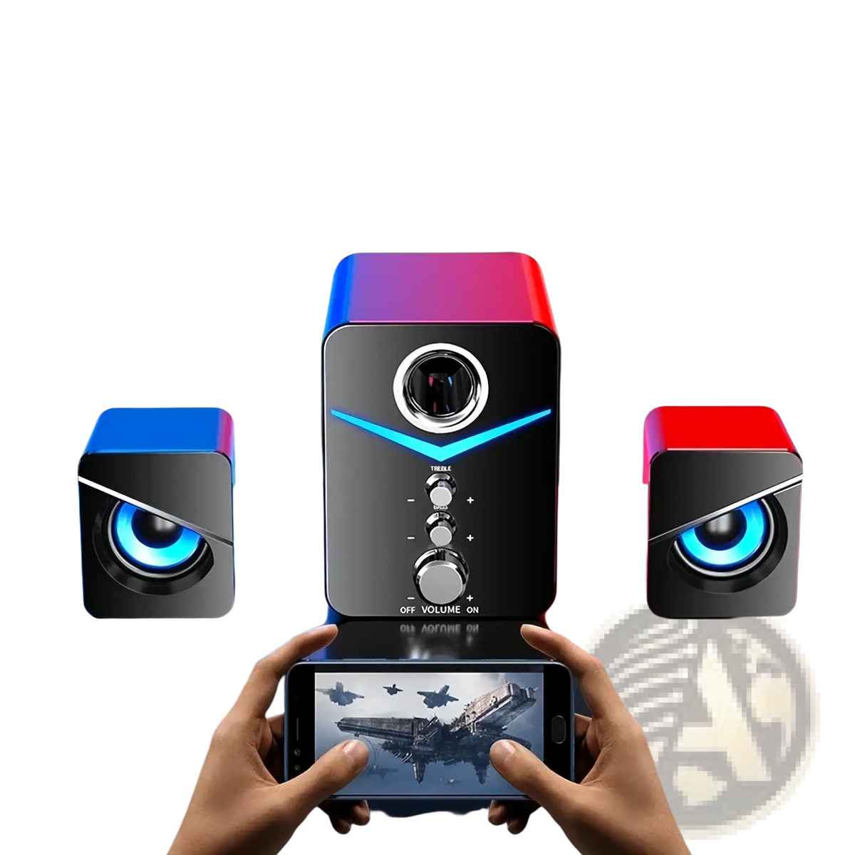 Black and red bluetooth gaming speaker system with led subwoofer and blue led lighting for immersive audio experience