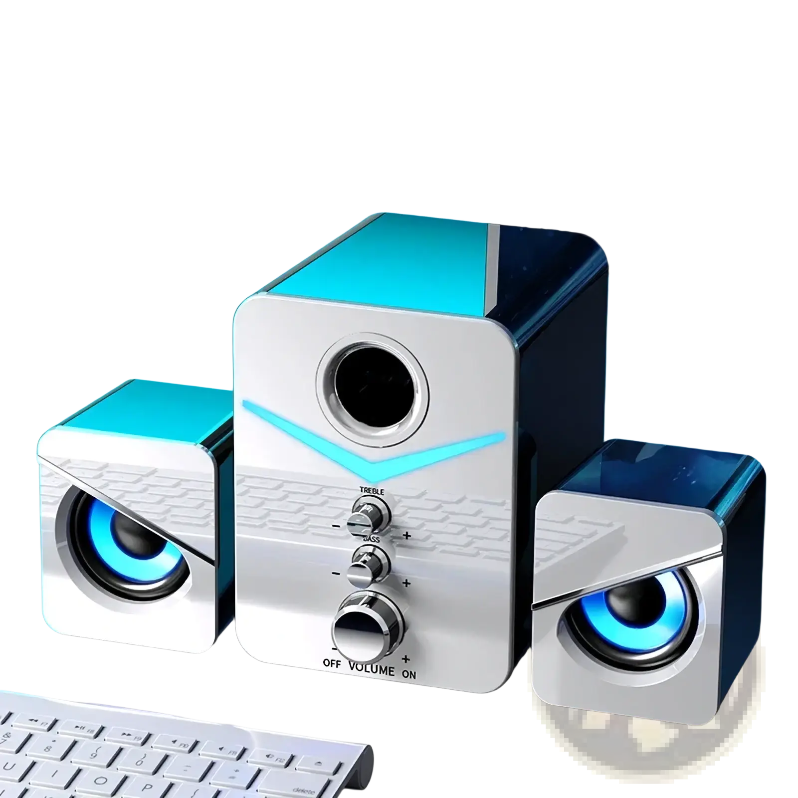 Silver and blue Bluetooth gaming speaker system with LED subwoofer and two satellite speakers featuring glowing blue lights