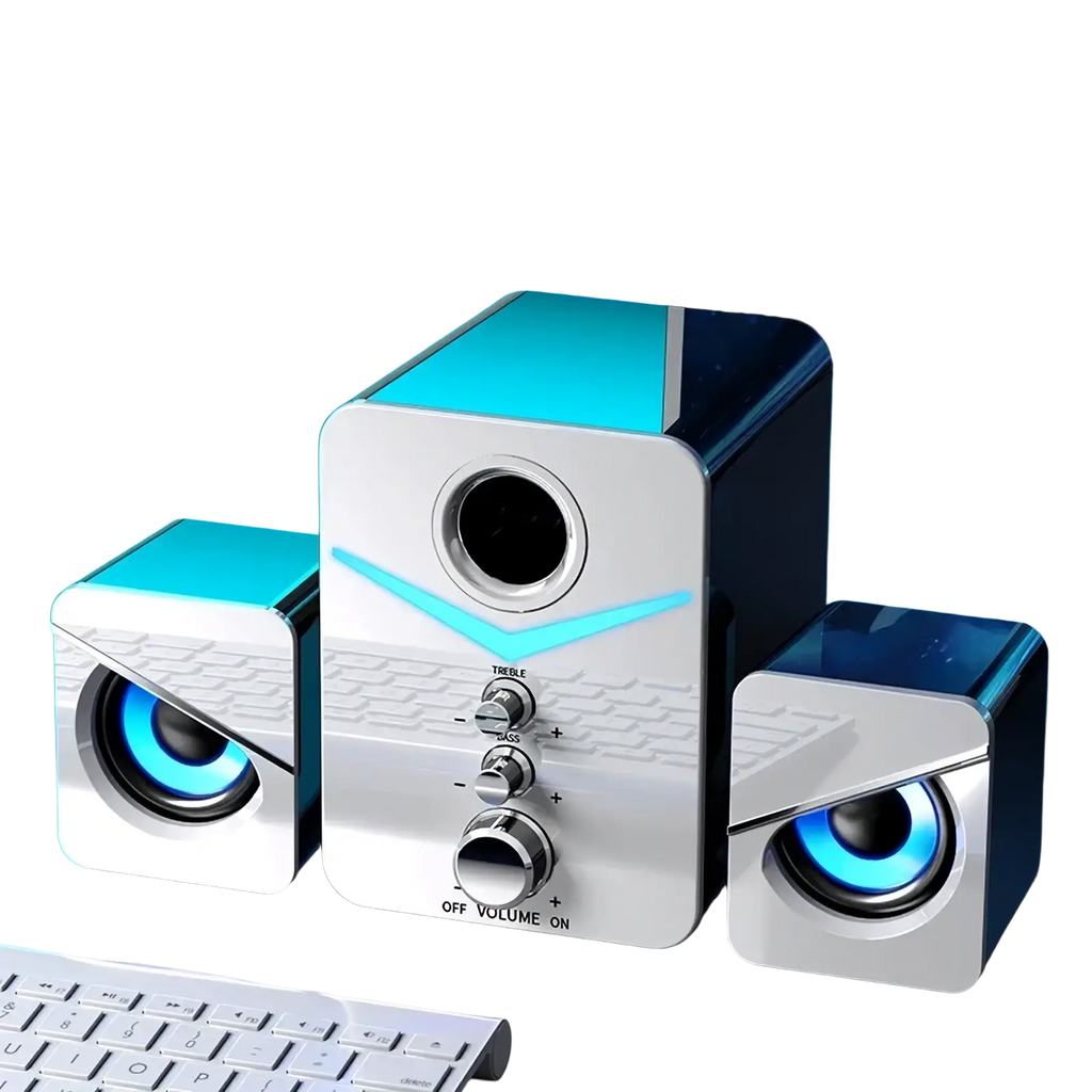 Silver and blue Bluetooth gaming speaker system with LED subwoofer and two satellite speakers featuring glowing blue lights