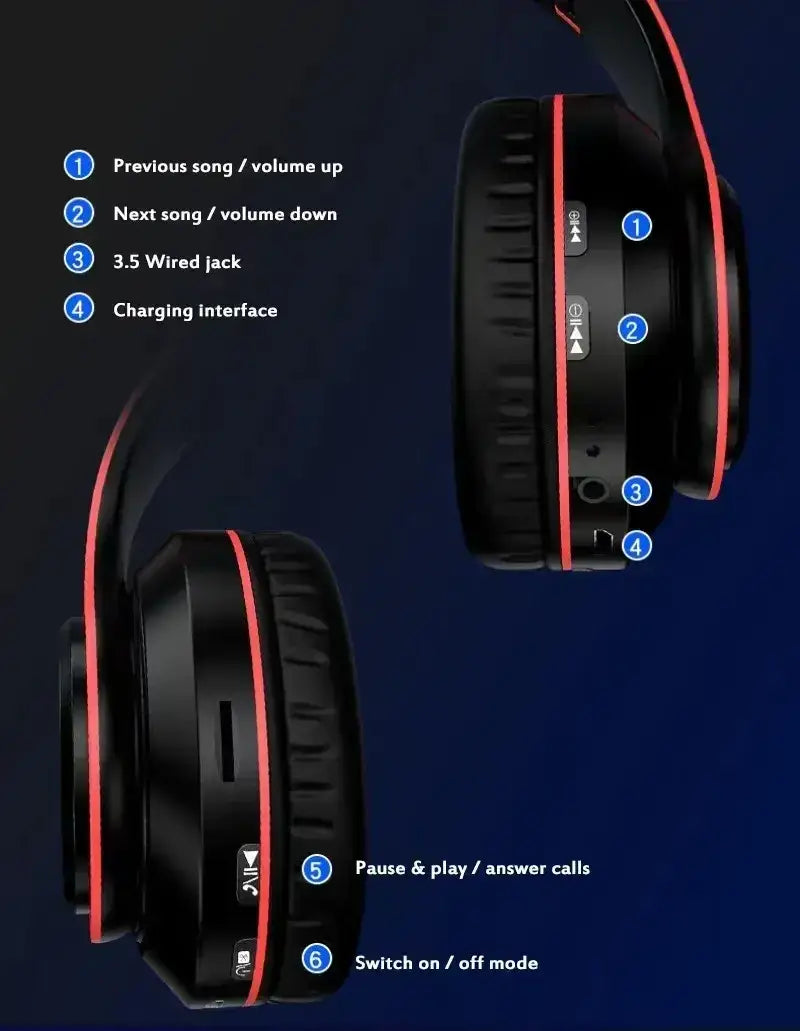 Black over-ear bluetooth headphones with red accent stripes and control buttons for rgb stereo gaming and calls