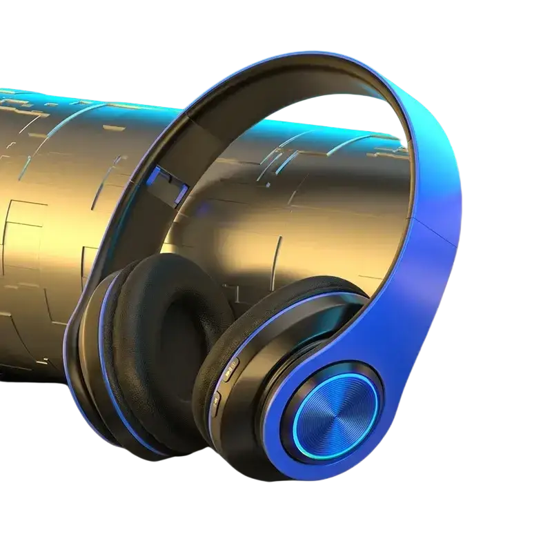 Bluetooth headphones wireless over ear in blue and black with rgb stereo gaming glowing blue accents on earcups