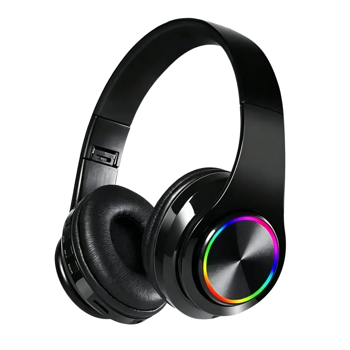 Black over-ear bluetooth headphones with wireless connection, glossy finish, and vibrant RGB lighting for gaming use