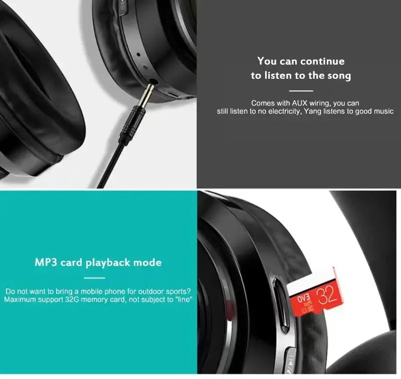 Black bluetooth headphones wireless over ear with glossy finish and aux cable for wired audio playback gaming headset