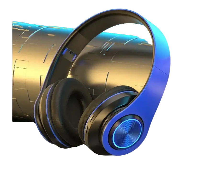 Bluetooth headphones wireless over ear stereo gaming headset with blue-lit black earcups and metallic accents